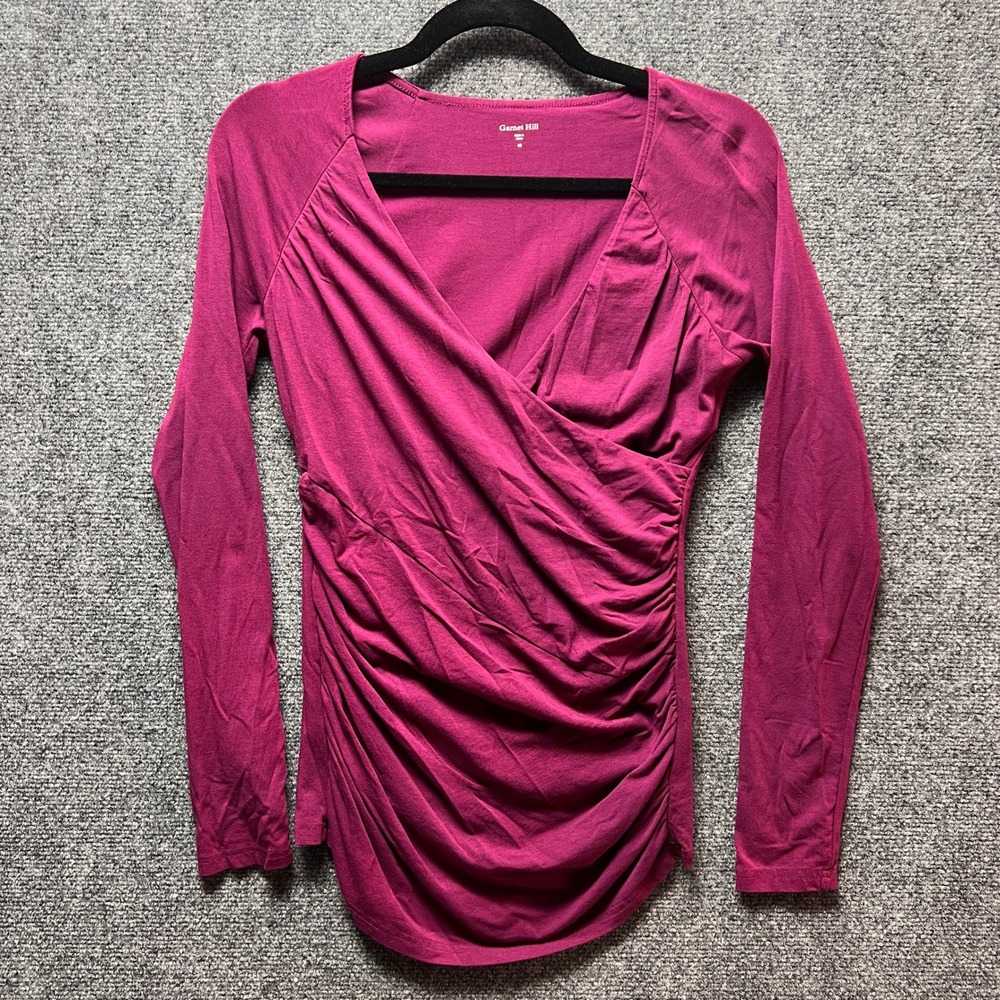 Garnet Hill Womens XS Berry Pink Ruched Surplice V-Neck Long Sleeve Top 40034